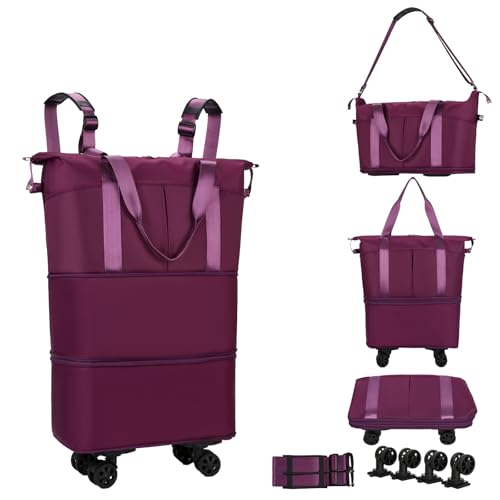 Travel Rolling Duffel Bag with Removable Wheels,Expandable Foldable Carry-On Luggage for Trip or Hospitalization - color: Burgundy‌ Backpack