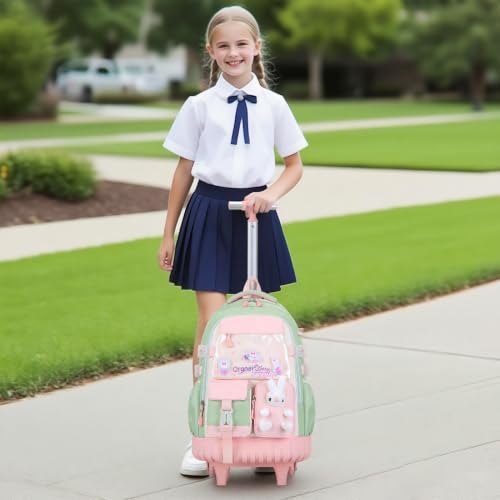 FIXITOK Rolling Backpack for Girls, Kawaii Bunny Roller Wheels School Backpacks with Lunch Bag Pencil case, Wheeled Suitcase Bookbag for Elementary Travel Green - color: Green