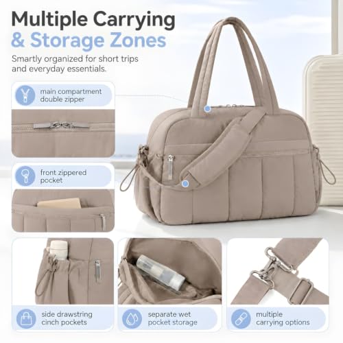 Puffy Duffle Bag For Women, 18 * 14 * 8 Personal Items Bag with Wet Pocket, Overnight Weekender Travel Bag - color: puffy brown