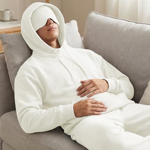 Ainangua Mens Oversized Pullover Essentials Hoodie with Eye Mask Built In Comfor Airplane Mode Travel Sleep Wearable Blanket - color: White, size: Large