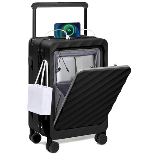 Somago Carry On Luggage Wide Handle 20 Inch Suitcase with Front Compartment Aluminum Framed PC Hardside 22x14x9 No Zipper Business Baggage with Spinner Wheels USB Charging Port TSA Lock - color: Black, size: Front Open 20 inch