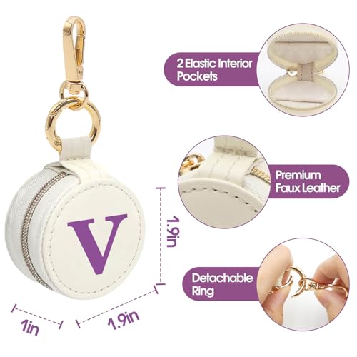 Mini Initial Travel Jewelry Case Ring Holder Gifts for Women Girls - color: Beige, size: Leather-V
