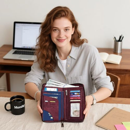 RFID Family Passport Holder Wallet - Travel Document Organizer - color: Wine Red