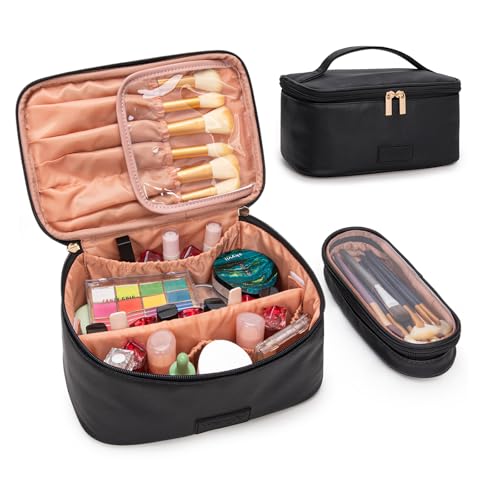 Wrangler Travel Makeup Bag 2pcs Set Cosmetic Bag with Makeup Brush Holder - color: Black