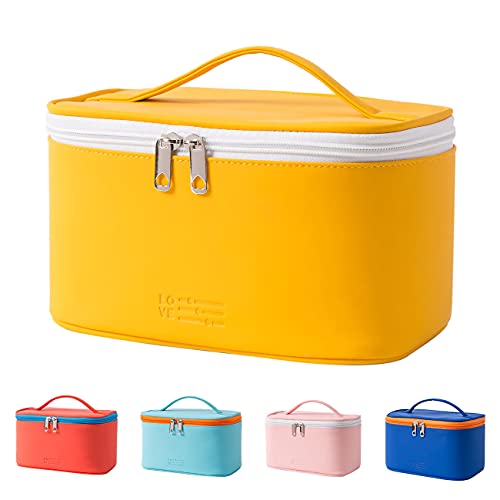 Meiyuuo Travel Makeup Bag for Women, PU Leather Cosmetic Bag, Yellow - color: Bright Yellow