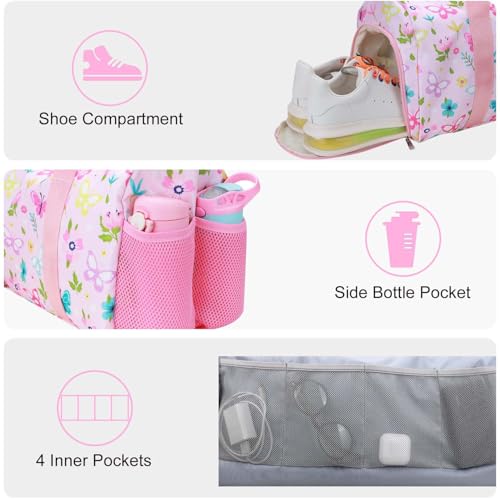 Gym Travel Duffle Bag for Girls - Gymnastics Sports Dance Bag with Shoe Compartment & Wet Pocket Starry Sky Kids Travel Bag Teens Weekender Sleepover Carry On Bag - color: Pink Butterfly