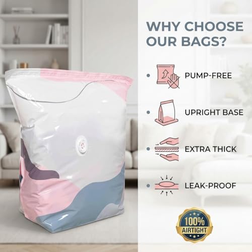 Reusable Compression Storage Bags 3 Pack, Standing Space Saver Bags for Clothes, Bedding, Comforters, Blankets, Closet Shelves, Dorm Rooms and Travel Packing