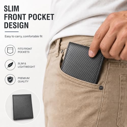 Wallet for Men Slim RFID Blocking Genuine Leather Bifold Mens Wallet - color: Carbon Fiber Black