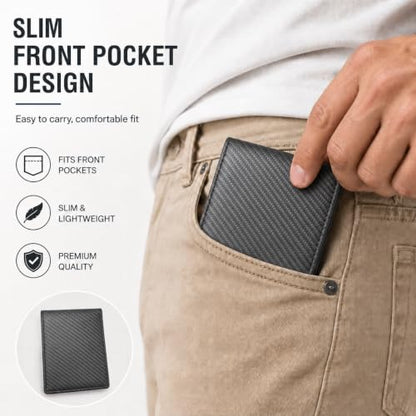 Wallet for Men Slim RFID Blocking Genuine Leather Bifold Mens Wallet - color: Carbon Fiber Black