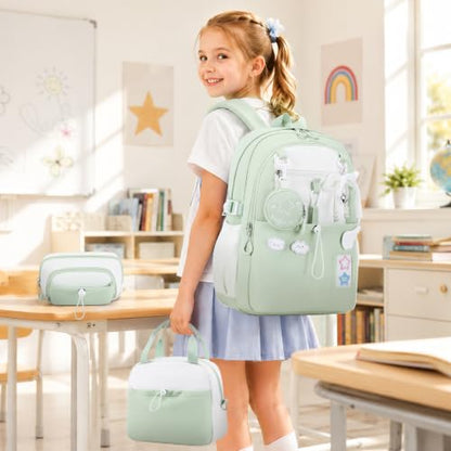DIGOBAY Backpack for Girls, 5PCS School Bookbag with Lunch Box Pencil Case - color: Green