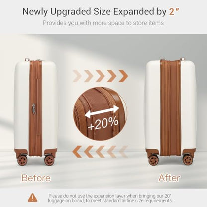 Kono Carry On Luggage Sets 2 Piece, 20 Inch Expandable Hardshell Suitcase - color: Cream White, size: 2 Piece Set (20")