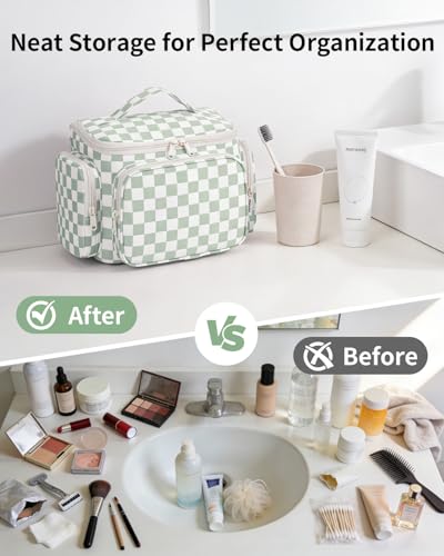 Narwey Hanging Travel Toiletry Bag for Women, Large Makeup Cosmetic Bag - color: A-Green Checkerboard