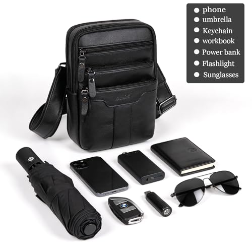 Leather Messenger Bag for Men, Small Leather Sling Shoulder Bag Messenger Pack for Men, Man Purse - color: Medium Black