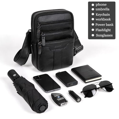 Leather Messenger Bag for Men, Small Leather Sling Shoulder Bag Messenger Pack for Men, Man Purse - color: Medium Black