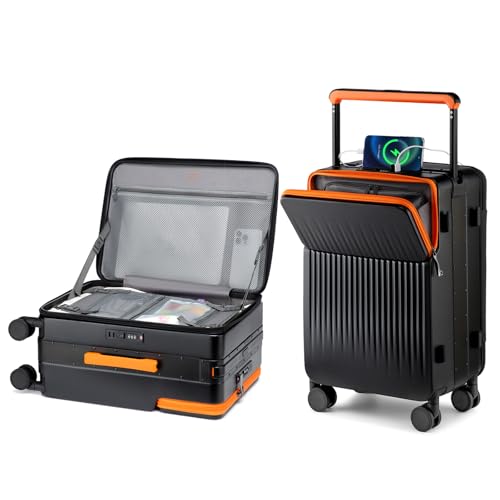 Joyway 20 Inch Top Opening Carry on Luggage with Aluminium Frame, Black | TSA Approved Suitcase with Spinner Wheels, Wide Handle, Front Pocket, USB Port, Great For School, Business & Travel - color: Black