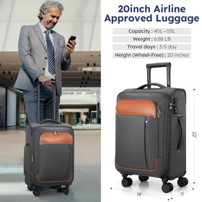 Softside Expandable Carry On Luggage, 20in Carry on Suitcase with Wheels - color: Grey