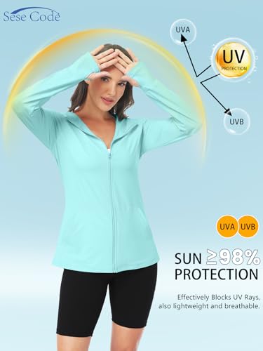 SeSe Code UPF 50+ Hoodie With Eye Mask Womens Zip Up Travel Jackets - color: Lake Blue, size: X-Large