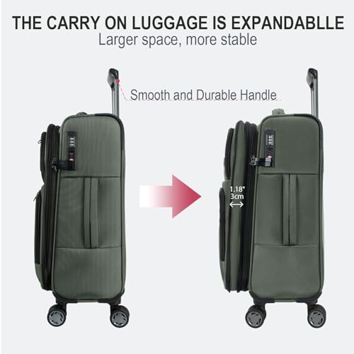 KROSER Softside Expandable Carry On Luggage with Front Business Pockets，20 Inch Suitcases with Spinner Wheels & Built-in TSA Lock, Durable Suitcase Rolling Luggage with USB Port, Army Green - color: Army Green-20, size: 20 inch