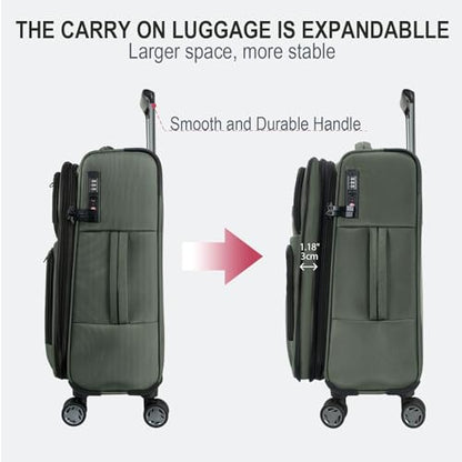 KROSER Softside Expandable Carry On Luggage with Front Business Pockets，20 Inch Suitcases with Spinner Wheels & Built-in TSA Lock, Durable Suitcase Rolling Luggage with USB Port, Army Green - color: Army Green-20, size: 20 inch