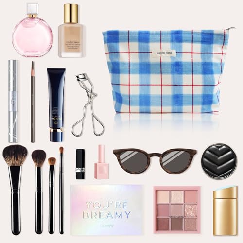 Wudygirl Makeup Bag for Women Cosmetic Bag 10.5"x7.5" Blue White Plaid - color: BLWH Line