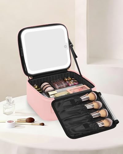 Chomeiu Travel Makeup Bag with LED Mirror, Cosmetic Bag with Handle, Pink - color: 01-Pink, size: A-Small