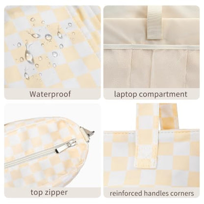 oscaurt Work Tote Bag for Women, 19 Pockets Laptop Tote, Large Teacher Tote - color: Beige Checkered