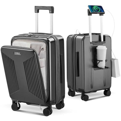 Carry on Luggage Top opening Suitcases, Expandable with Cup Holder and USB Charging Port,Lightweight with Front Pocket Rolling Suitcases with Spinner Wheels - color: Gray