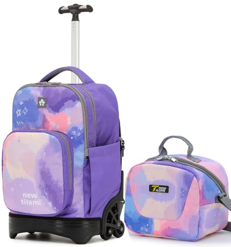 NEW TILAMI 18 Inch Rolling Backpack with Lunch Bag for Girls Boys School - color: Purple Sky