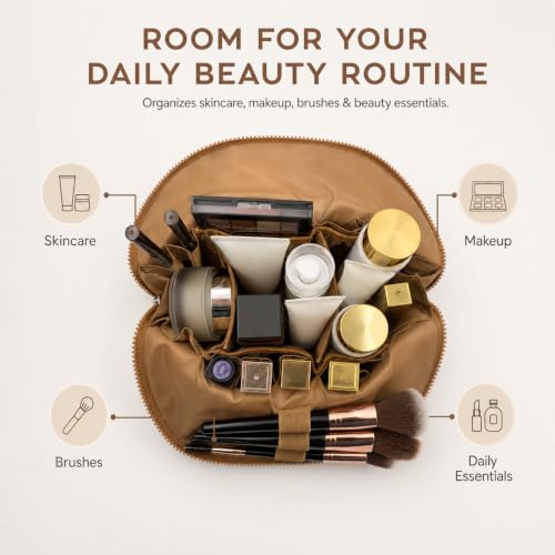 Standing Fold Down Parallel Travel Makeup Bag for Women, Cosmetic Organizer with Multi-Compartments, Stand Bag Organizes skincare, Makeup and Brushes (Premium Version, Vicuna, Medium) - color: Vicuna
