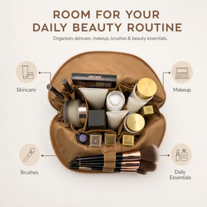Standing Fold Down Parallel Travel Makeup Bag for Women, Cosmetic Organizer with Multi-Compartments, Stand Bag Organizes skincare, Makeup and Brushes (Premium Version, Vicuna, Medium) - color: Vicuna