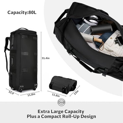 STOVER 45/80/100L Rolling Duffel Bag with Wheels, Large Durable Travel Duffle + Toiletry Bag, Heavy Duty, Packable with Shoulder Straps- Use as Luggage or Backpack, Men/Women (Black) - color: Black