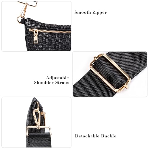 Woven Crossbody Bag for Women, Checkered PU Bum Bag Sling Purse with Adjustable Strap for Travel, Festivals - color: Black