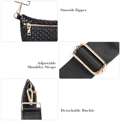 Woven Crossbody Bag for Women, Checkered PU Bum Bag Sling Purse with Adjustable Strap for Travel, Festivals - color: Black