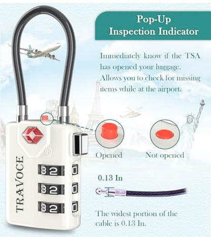 TRAVOCE TSA Approved Luggage Locks, Combination Cable Locks, 2 Pack, White - color: White 2 Pack