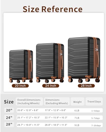 3 Piece Expandable Luggage Set Suitcases with Wheels Hardshell Large Black - color: Black