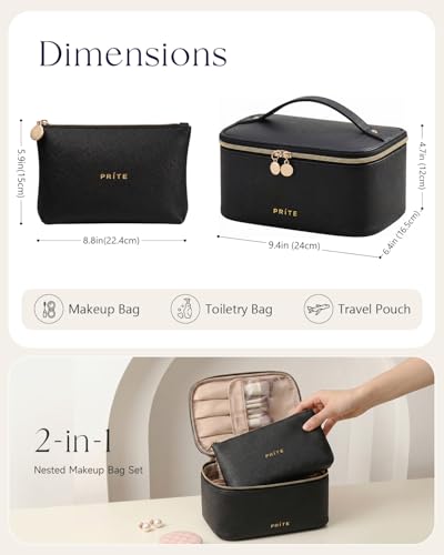 Prite Makeup Bag Travel Cosmetic Case, Toiletry Bag Organizer, Black Set - color: Black Set