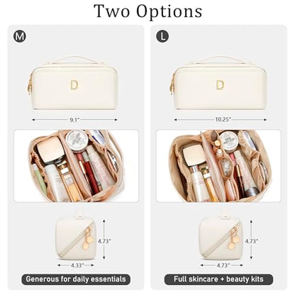 Gifts for Women Bridesmaid Initial Makeup Bag | Personalized PU Leather Cosmetic Waterproof Travel Toiletry Bag (Medium-Beige-D) - color: MediumBeige, style: D
