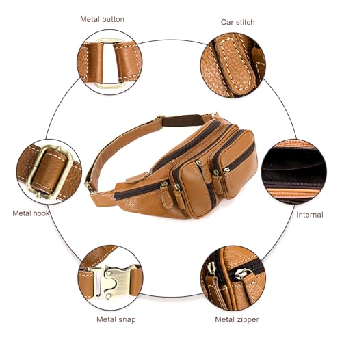 Genuine Leather Fanny Pack large capacity Crossbody Waist Bag with Zipper phone Pockets brown - color: Brown