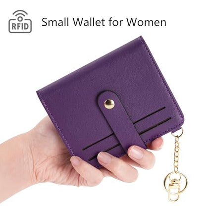 Airkit Small Wallet Women RFID, PU Leather Card Holder with Keychain - color: Purple