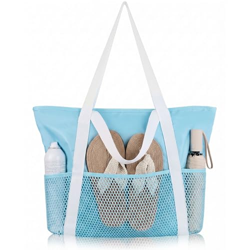 HOMESPON Beach Bag Large Waterproof Sandproof Tote for Women with Zipper and Mesh Pockets - color: Blue, size: Medium