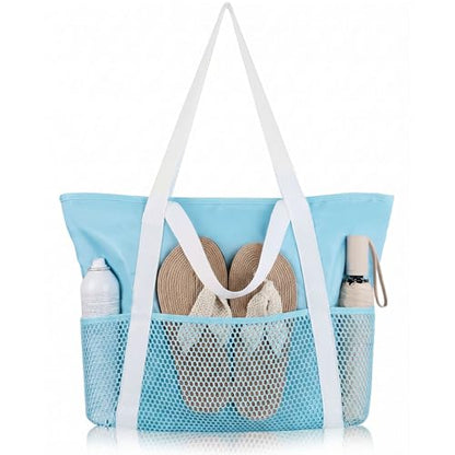 HOMESPON Beach Bag Large Waterproof Sandproof Tote for Women with Zipper and Mesh Pockets - color: Blue, size: Medium