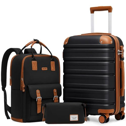 TAKUMI Luggage Sets, Hardside Suitcases with Wheels, Black, 3pcs(Backpack) - color: BLACK BROWN, size: 3 Piece Set(BP)