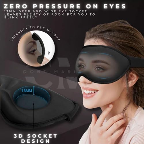 3D Contoured Sleep Mask with Earplugs Set - 100% Blackout Memory Foam Eye Mask for Sleeping - Soft Comfortable Night Blindfold for Side Sleepers, Men & Women, Travel & Shift Work (Black)