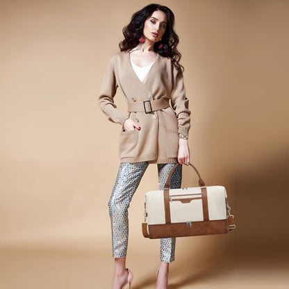 Oeihuivt Weekender Bags for Women - 21 Inch Large Travel Duffel Bag 3-Piece Set with Shoe Compartment, Heavy-Duty Canvas & Leather Carry On Overnight Tote (Airplane Approved) - color: Brown-Beige-A