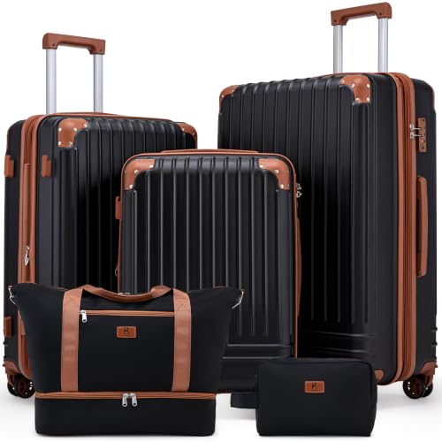 KUNEL Luggage Sets 5 Piece, Hardshell Expandable Suitcase, 20/24/28inch - color: Black