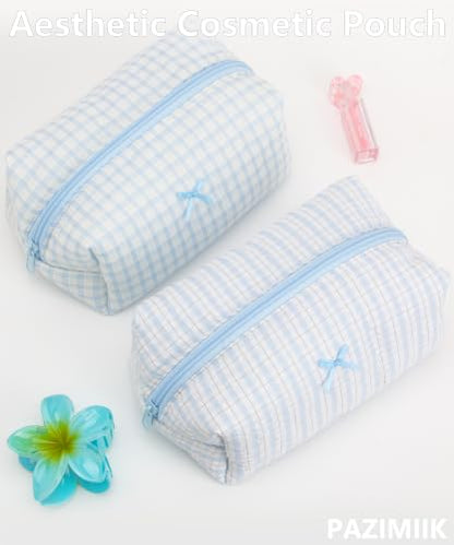 PAZIMIIK Cozy Makeup Bag for Women,Zipper Cosmetic Pouch,Plaid Blue - color: Plaid Blue