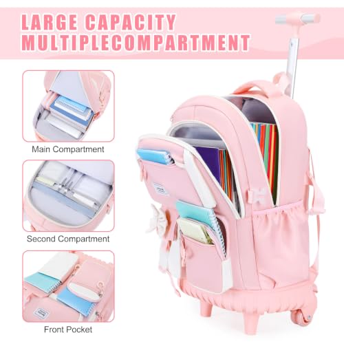 Bevalsa Rolling Backpack for Girls, Roller Backpack with Wheels | Cute Bow Wheeled School Bookbag Set with Lunch Bag & Pen Case, Suitcases for Kids Teens Elementary Middle Student - color: Pink Beige