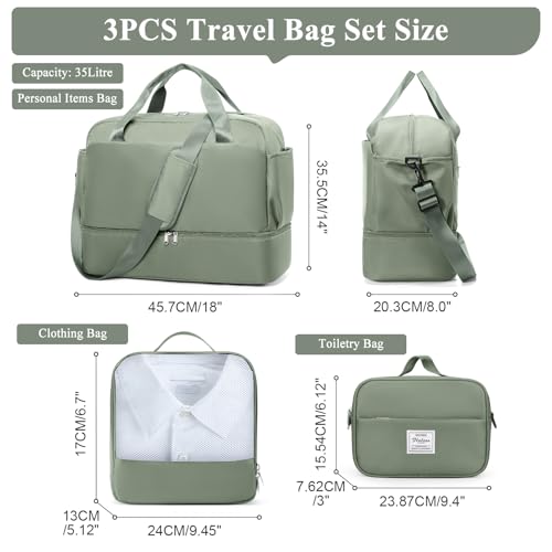 Travel Duffel Bag with Shoes Compartment, Carry-on Weekender Bags for Women - color: Olive Green 3Pcs Set