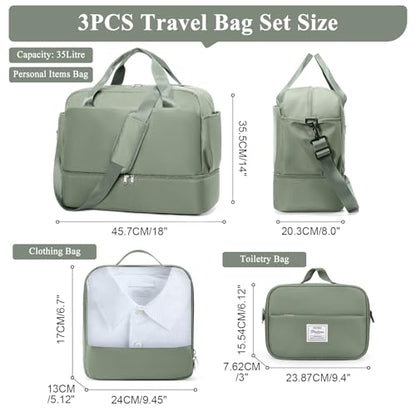 Travel Duffel Bag with Shoes Compartment, Carry-on Weekender Bags for Women - color: Olive Green 3Pcs Set