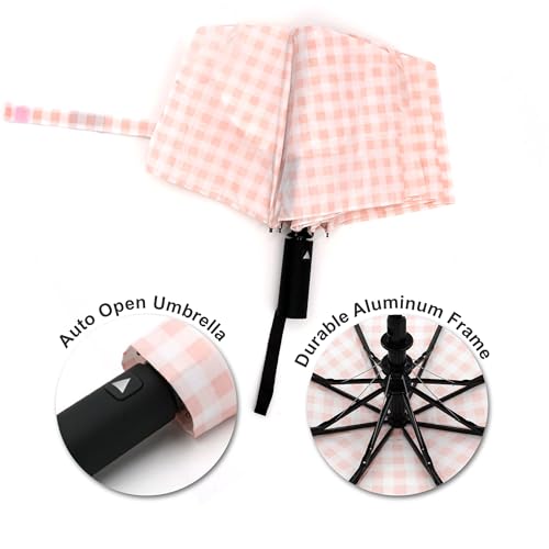 Nollia Compact Travel Umbrella with Auto Open – Windproof Folding Umbrella, Lightweight & Portable for Rain - color: E. Pink Gingham